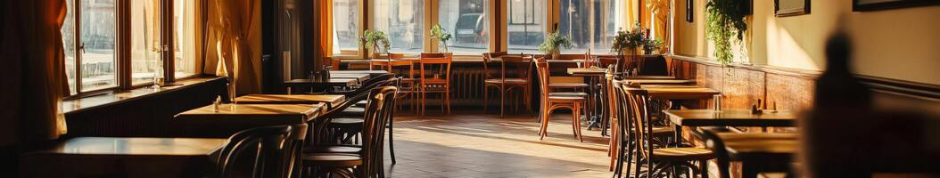 Cozy empty restaurant with natural light and simple wooden furnishings photo