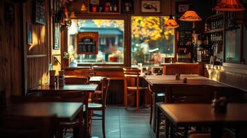 A restaurant with tables and chairs in the sunlight photo