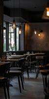 Cozy empty restaurant with warm lighting and minimalist decor in evening photo