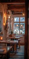 Cozy ambiance in an empty restaurant at twilight with warm lighting photo