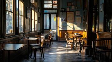 Cozy empty restaurant with warm sunlight streaming through windows photo