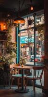 A restaurant with a table and chairs in front of a window photo