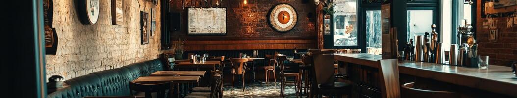 Cozy empty restaurant adorned with rustic decor and warm lighting photo