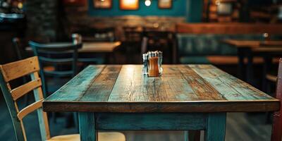 Cozy empty restaurant with rustic wooden table and chairs in warm lighting photo