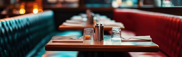Cozy empty restaurant with neatly set tables in warm evening light photo