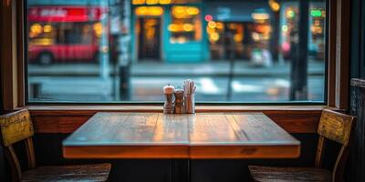 A cozy empty restaurant table by the window during a rainy evening photo