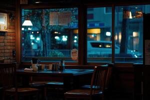 Cozy empty restaurant at night with warm lighting and street view photo