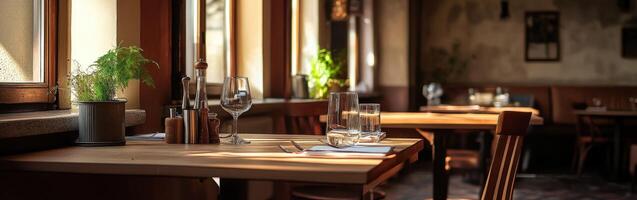 Cozy interior of an empty restaurant with natural light during the day photo