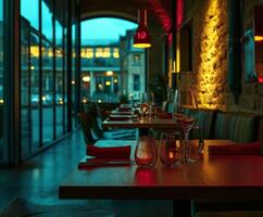 Cozy and inviting empty restaurant setting with modern decor at dusk photo