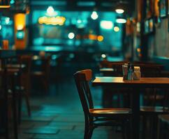 Cozy empty restaurant in the evening with warm lighting and wooden decor photo
