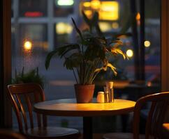 Cozy empty restaurant with a warm ambiance and a table set for two photo