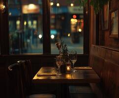 Cozy empty restaurant table with candles in evening ambiance photo