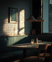 Cozy empty restaurant at sunset with warm light and inviting atmosphere photo