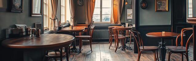 Cozy empty restaurant interior with wooden tables and warm lighting photo