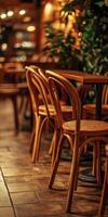 Inviting interior of a cozy, empty restaurant during a quiet evening photo