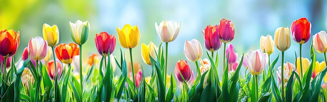 Vibrant tulips blooming in a colorful field during springtime photo