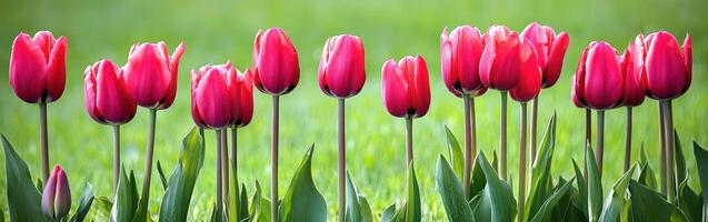 Vibrant tulips blooming in a lush green field during springtime photo