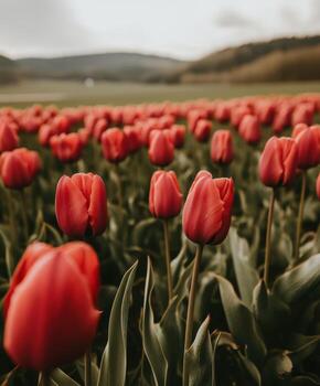 rojo tulipanes floreciente en un pintoresco campo durante primavera foto