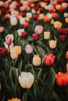 vistoso tulipanes floreciente en un vibrante campo durante primavera foto
