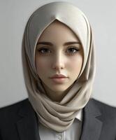 Young professional woman wearing a hijab in a formal setting photo