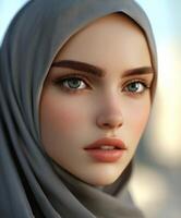 Young woman in a gray hijab with striking blue eyes at sunset photo