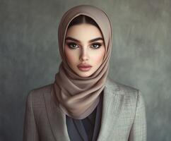 Elegant woman in a stylish hijab and blazer against a textured backdrop photo