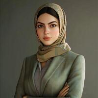 Young woman in a stylish hijab and suit, confidently posing indoors photo
