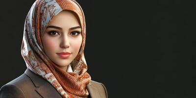 Young woman in a stylish hijab wearing a tailored suit, posing confidently photo