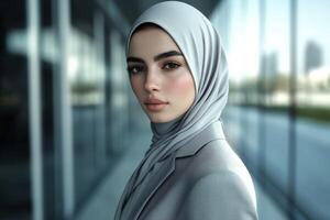 Professional woman in a hijab poses confidently in a modern office setting photo