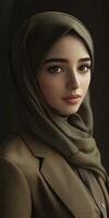 Elegant woman wearing a hijab poses indoors with soft lighting photo