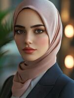 Elegant woman in a pink hijab wearing a tailored suit at a cafe photo