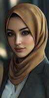 A young woman wearing a brown hijab and a blazer in a modern setting photo