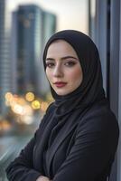 Young woman in hijab poses confidently outdoors during sunset in the city photo