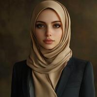 Elegant woman in a beige hijab wearing a dark suit indoors photo