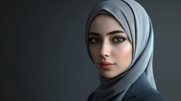 Young woman in a stylish hijab poses confidently against a dark background photo