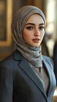 Young woman in a stylish hijab and business attire at a modern event photo