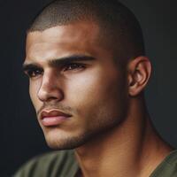 An athletic, handsome man gazes thoughtfully into the distance photo