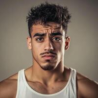Athletic handsome man posing confidently in a neutral backdrop photo