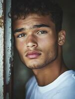 Athletic handsome man standing in an urban doorway, focused and serene photo