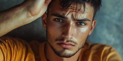 An athletic man poses thoughtfully in natural light indoors photo