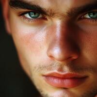 Handsome athletic man with striking blue eyes posed for a portrait photo