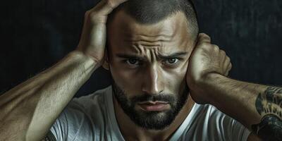 Athletic man with striking features and tattoos in a moody portrait setting photo