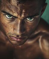 Portrait of an athletic man with intense gaze working out indoors photo