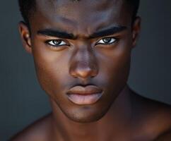 Athletic handsome man with striking features and intense gaze in studio photo