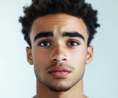 Athletic man with curly hair posing for a portrait in soft lighting photo