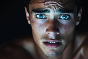 Portrait of an athletic man with striking blue eyes in low light photo
