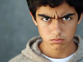 Portrait of a focused young man wearing a gray hoodie outdoors in daylight photo