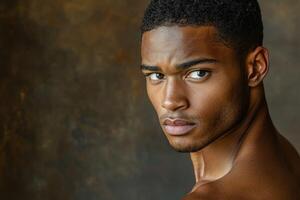 Athletic man poses for a striking portrait against a dark background photo
