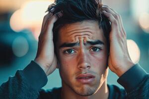 Portrait of an athletic man expressing concern outdoors at sunset photo
