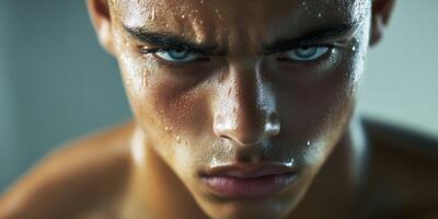 Handsome athletic man showing determination after intense workout session photo